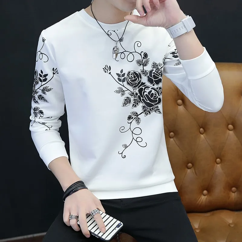 

2020 men thin T-shirt long-sleeved round collar printed render T-shirt