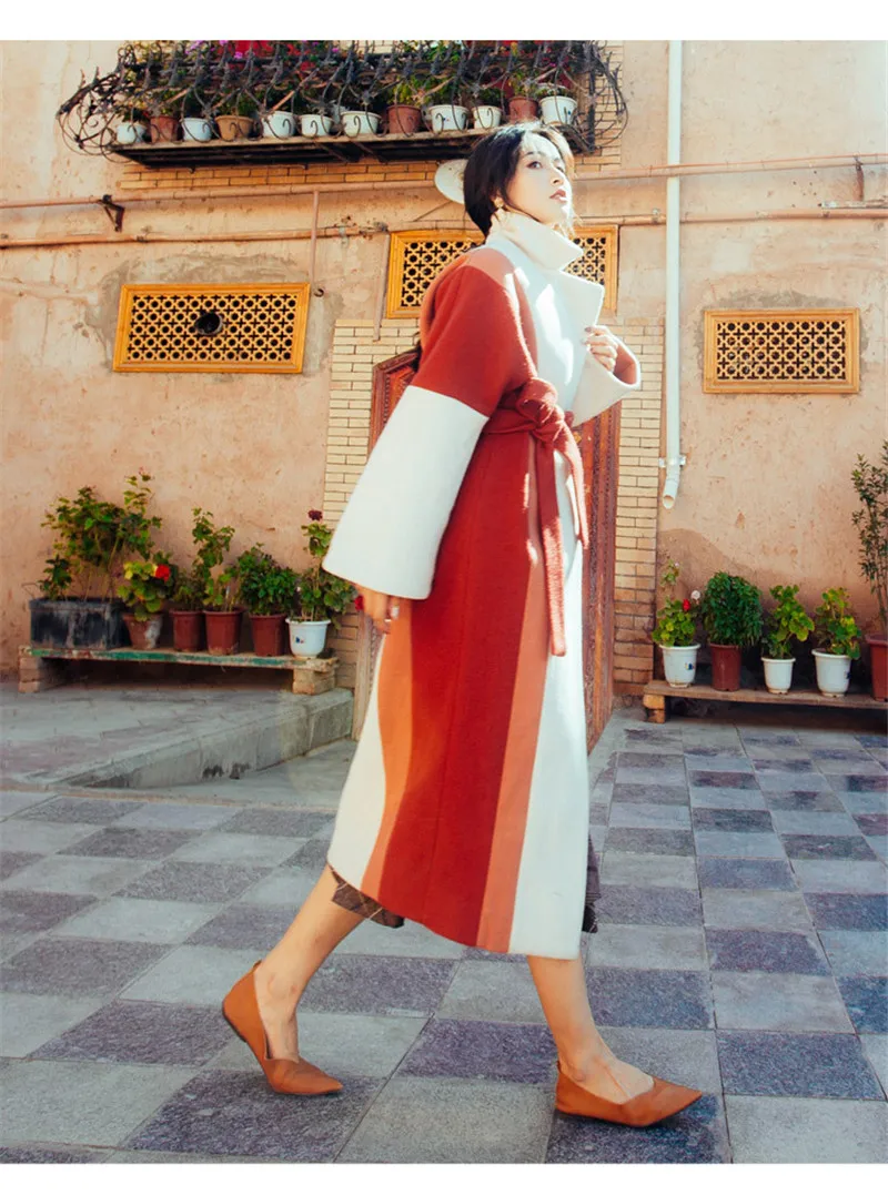 Sashed taille 2018 Feminino Élégant Longue Manteau Épais Large Rétro Hiver Laine Lâche Femmes Casaco Automne Multi De Populaire BPnBgq6Uw