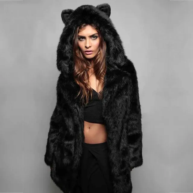 BHUNATI Winter Long Thick Warm Fur Coat Women Cute Animal Ear Hooded