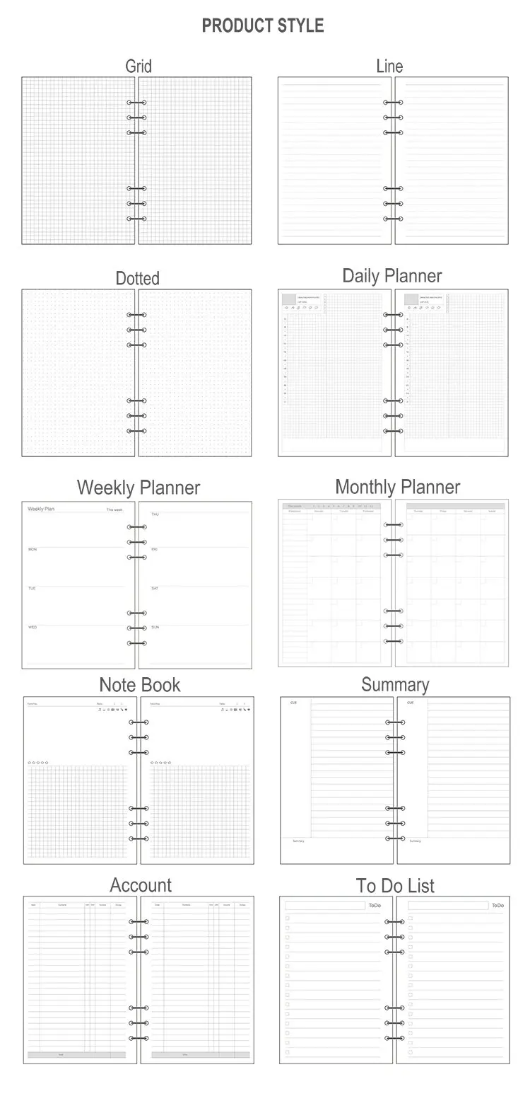 2 шт./лот, базовая записная книжка, бумага, 6 колец, А5, А6, планировщик, запасной блок, пустая/сетка/точечный блокнот, внутри листа