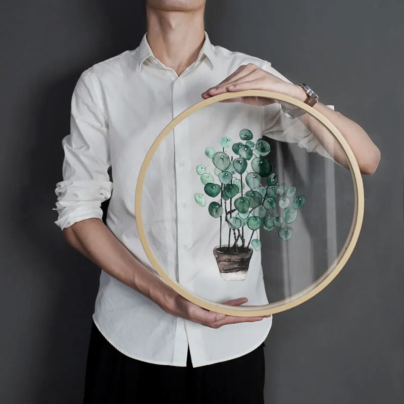 Nordic Green plant decorative painting Transparent round glass painting Living room restaurant plant leaves wall paintings