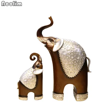 

NOOLIM 2Pcs/set Elephant Resin Animal Figurines Home Decor Resin Lovers Mother-child Home Decoration Technology Gift