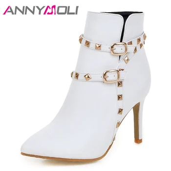 

ANNYMOLI Winter Boots Women Ankle Boots Rivets Extreme High Heel Short Boots Zipper Buckle Pointed Toe Stiletto Heel Shoes 3 43