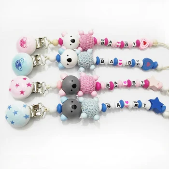 

Baby Pacifier Clip Pacifier Chain Bear Shape Hand Made Cute Wooden Colourful Beads Dummy Clip Baby Soother Holder
