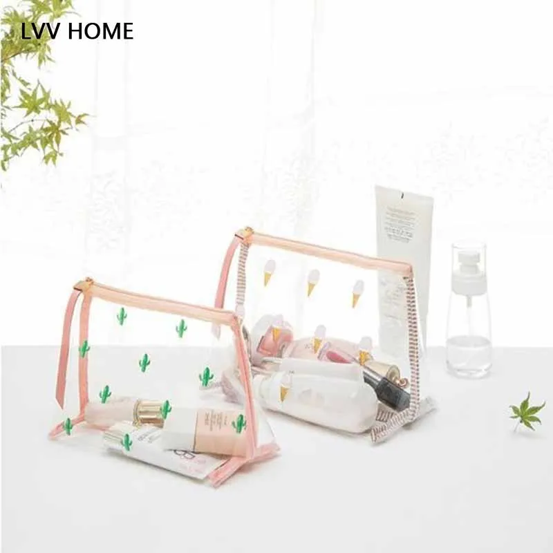 LVV HOME Cute cactus PVC cosmetic bagIce cream size Transparent portable wash storage bag  makeup pouch clutch bags