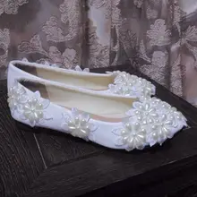 Свадебные туфли цвета слоновой кости с жемчугом для женщин; женские милые романтические свадебные туфли ручной работы; большие размеры; цвета слоновой кости; распродажа
