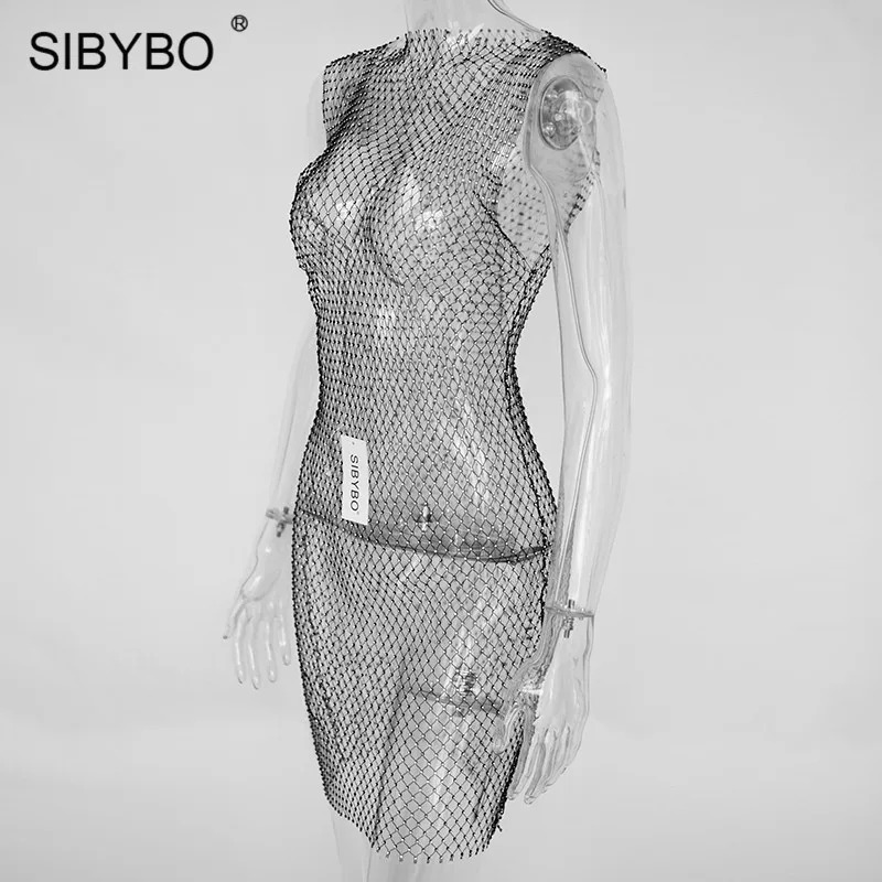 SIBYBO, сексуальное летнее платье в сеточку со сверкающими бриллиантами, открытое прозрачное облегающее платье с разрезом, женская пляжная одежда, платья для вечеринок