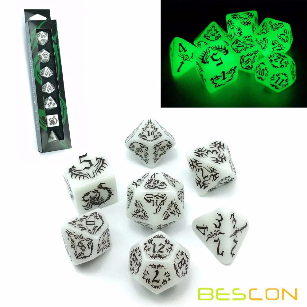 Set of 7 Polyhedral Digital Dices Glow In The Dark Green Table Game Props 