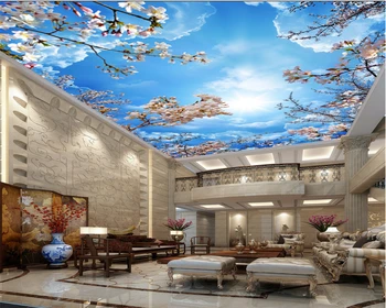 

beibehang wallpaper for walls 3 d Custom blue sky white clouds cherry blossom ceiling wallpaper home decoration zenith wallpaper