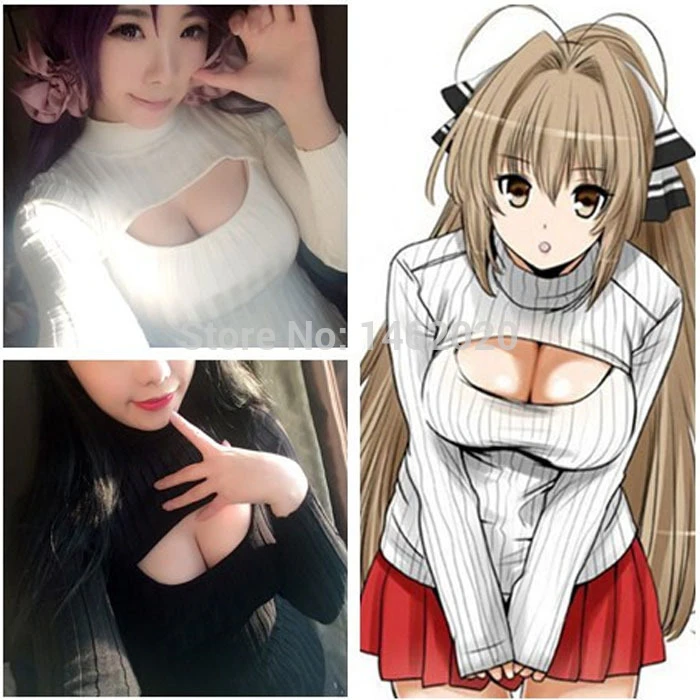 新しい女性タートルネック裸乳ニット セーター セクシー な裸の胸底入れ シャツ ロー カット セーター日本アニメ コス プレ Cosplay Kaito Sweater Dress Knitting Patterncosplay Props Aliexpress