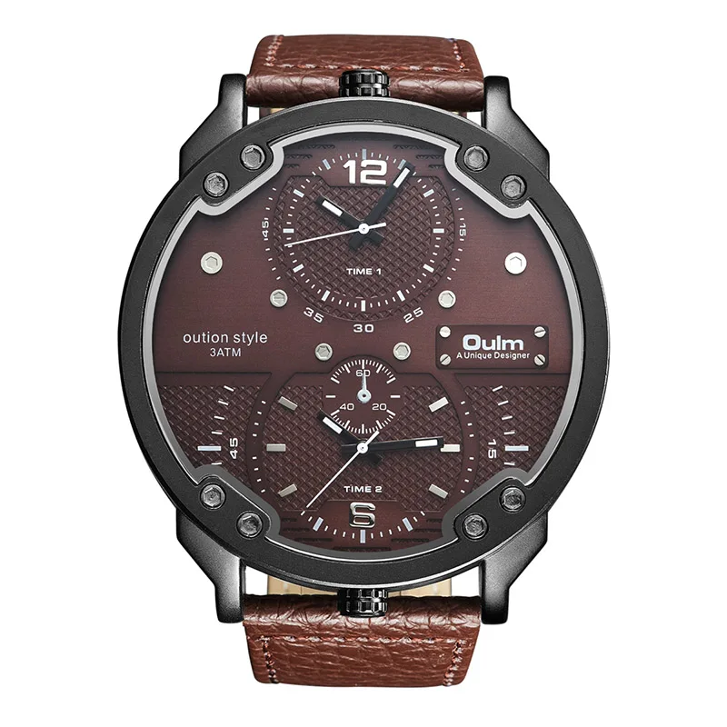 Oulm большие часы для мужчин несколько часовых поясов спортивные кварцевые часы мужские роскошные модные спортивные мужские наручные часы Relogio Masculino - Цвет: Brown
