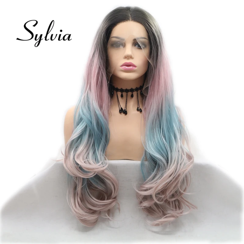 

Sylvia Blue Pink Ombre Multi Colored Synthetic Lace Front Wigs With Dark Roots Natural Wave Heat Resistant Fiber Hair for Women