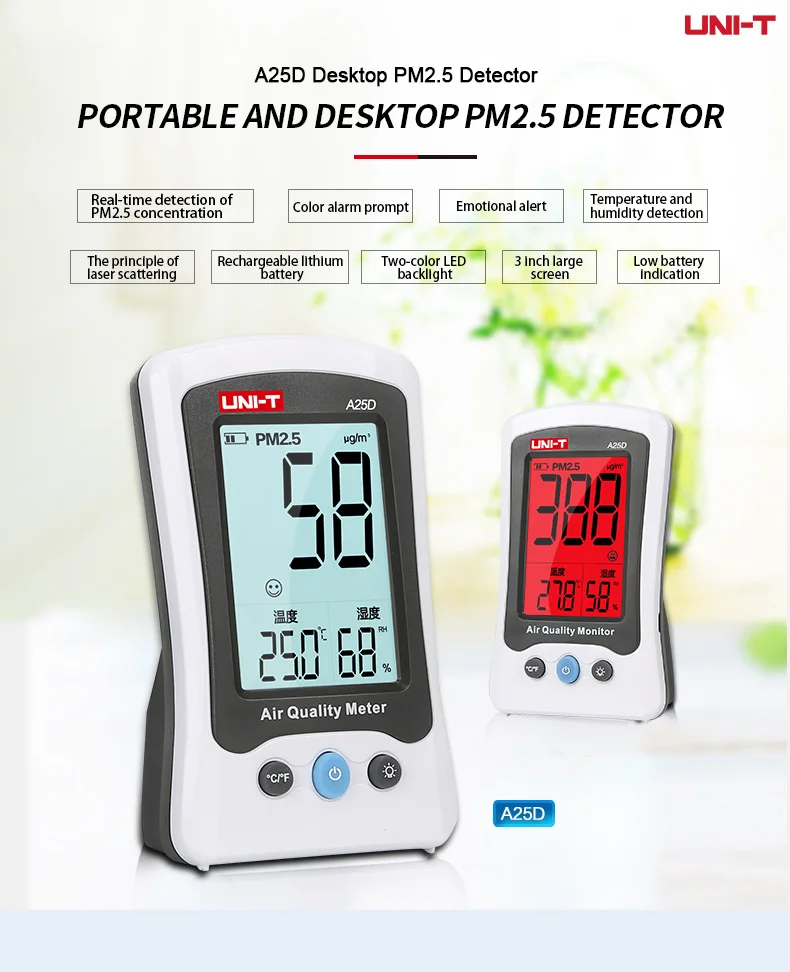 UNI-T A25D PM2.5 тестеры Настольный детектор измерения качества воздуха Температура Влажность монитор Автоматический диапазон индикация перегрузки