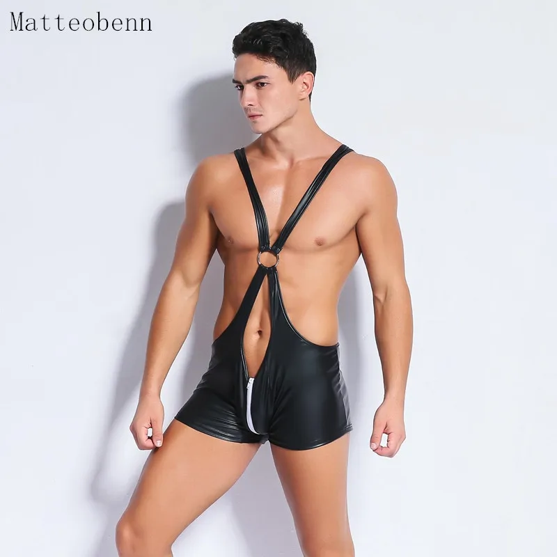 

Fashion Men Faux Leather thong comfortable Body Suit Sexy zipper Fitness Bodybuilding Sheer Bodysuit Gay Slim Shaper Underwear