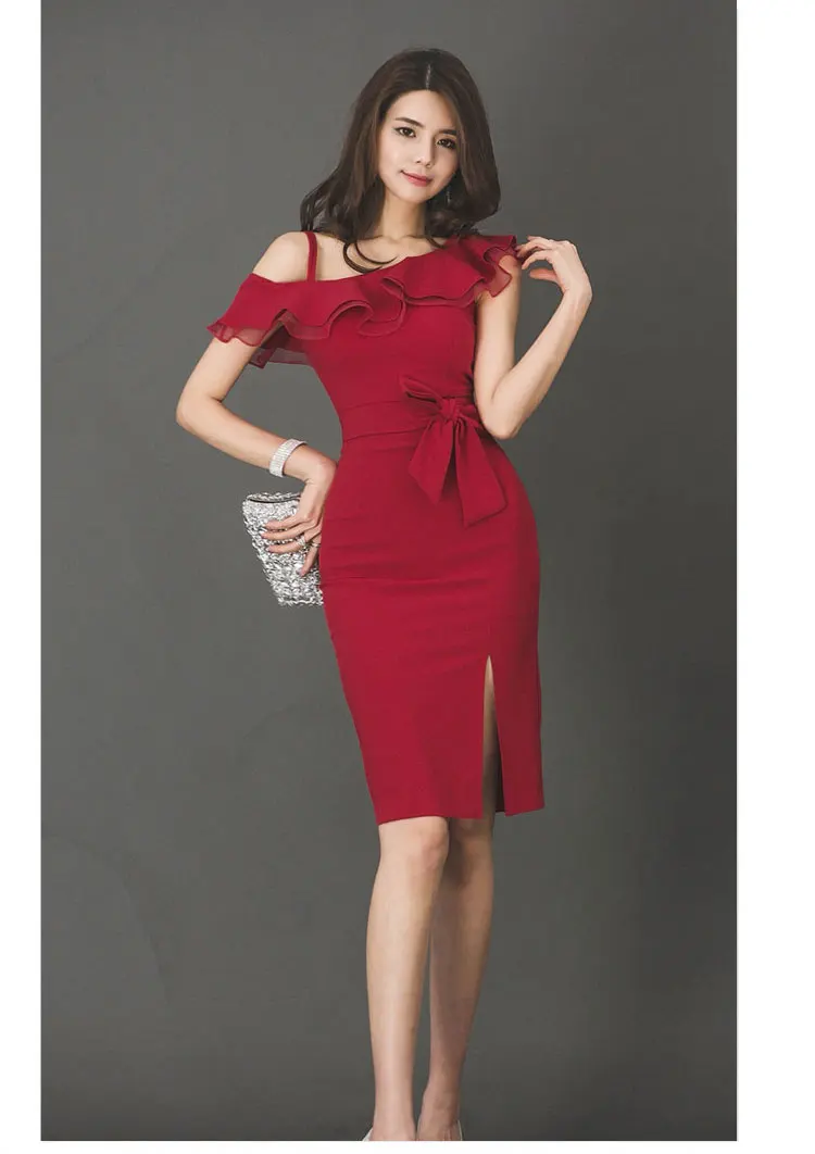 Летнее платье для вечеринки, женское элегантное Красное Облегающее Платье-карандаш с рюшами, бодикон, официальное платье для работы