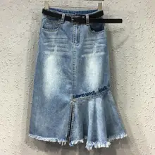 Потертая джинсовая юбка, элегантная высокая талия, вышивка буквами, пакет, бедра, юбка, труба, meimard, юбка