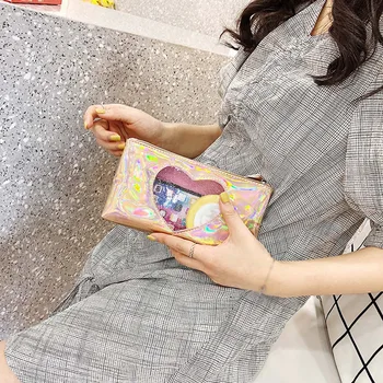 

Fashion Harajuku Ladies Laser Holding A Heart-Shaped Lipstick Storage Bags Exquisite PVC Candy Color Square Cosmetic Bags