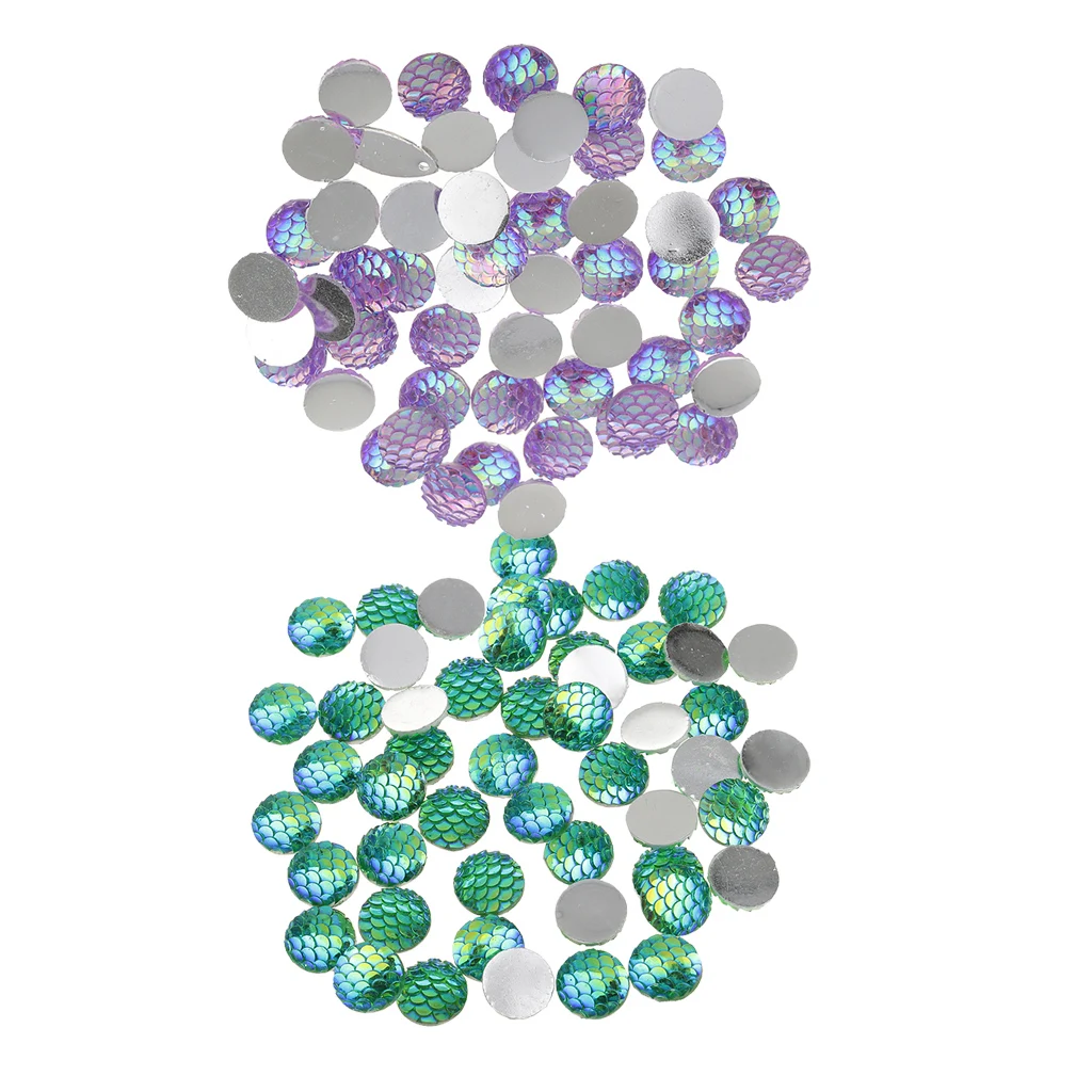 100 Pieces Green and Deep Purple Colors Mermaid Dome Seals Cabochon Jewelry Supplies DIY Embellished Crafts 12 mm