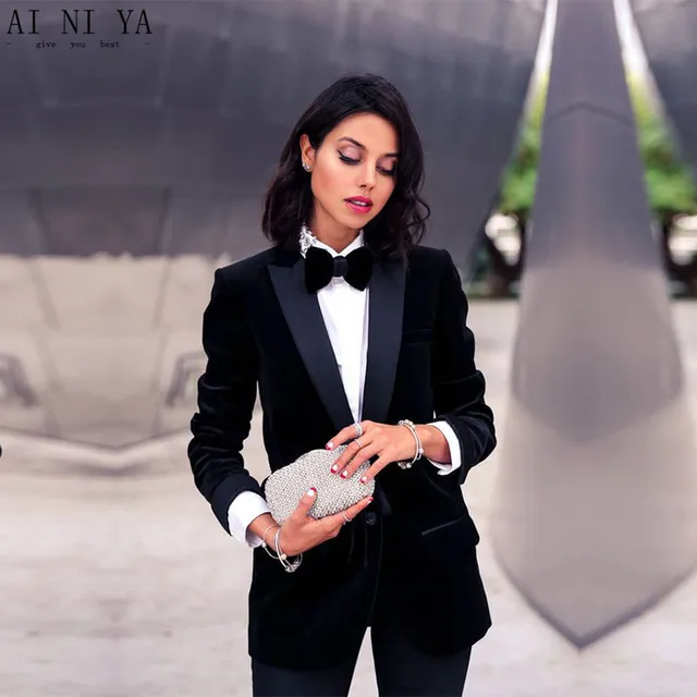 New Navy Velvet Jacket Womens Business Suits Navy Satin