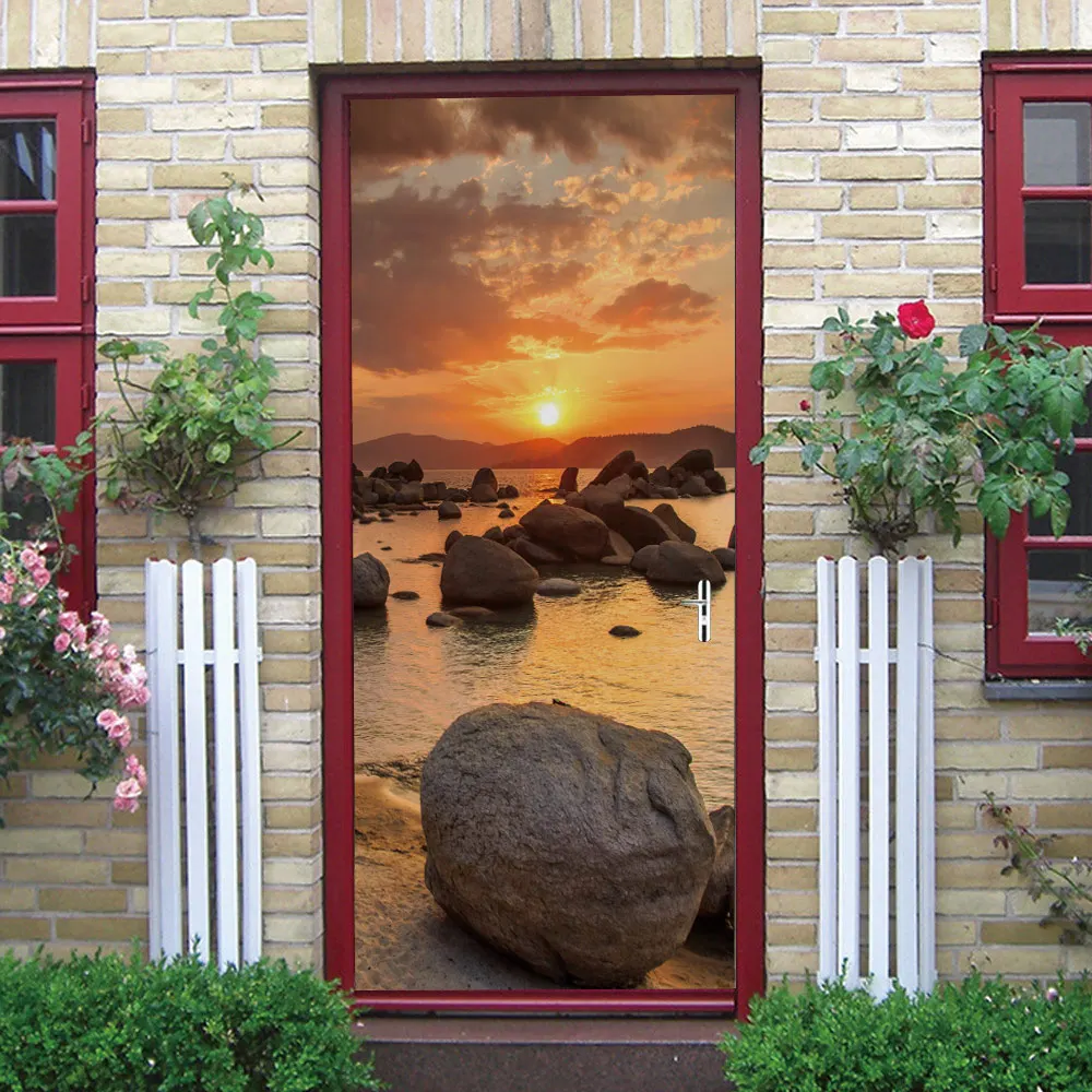 

2019 Creative 3D View Door Sticker Sunset Self Adhesive Wallpaper On Door Waterproof Mural for Wall Room Home Door Decoration