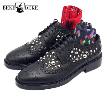 

Black Bullock Carved Rivets Men Genuine Leather Shoes Banquet Pointed Toe Dress Shoes Handmade Lace Up Derby Zapatos De Hombre