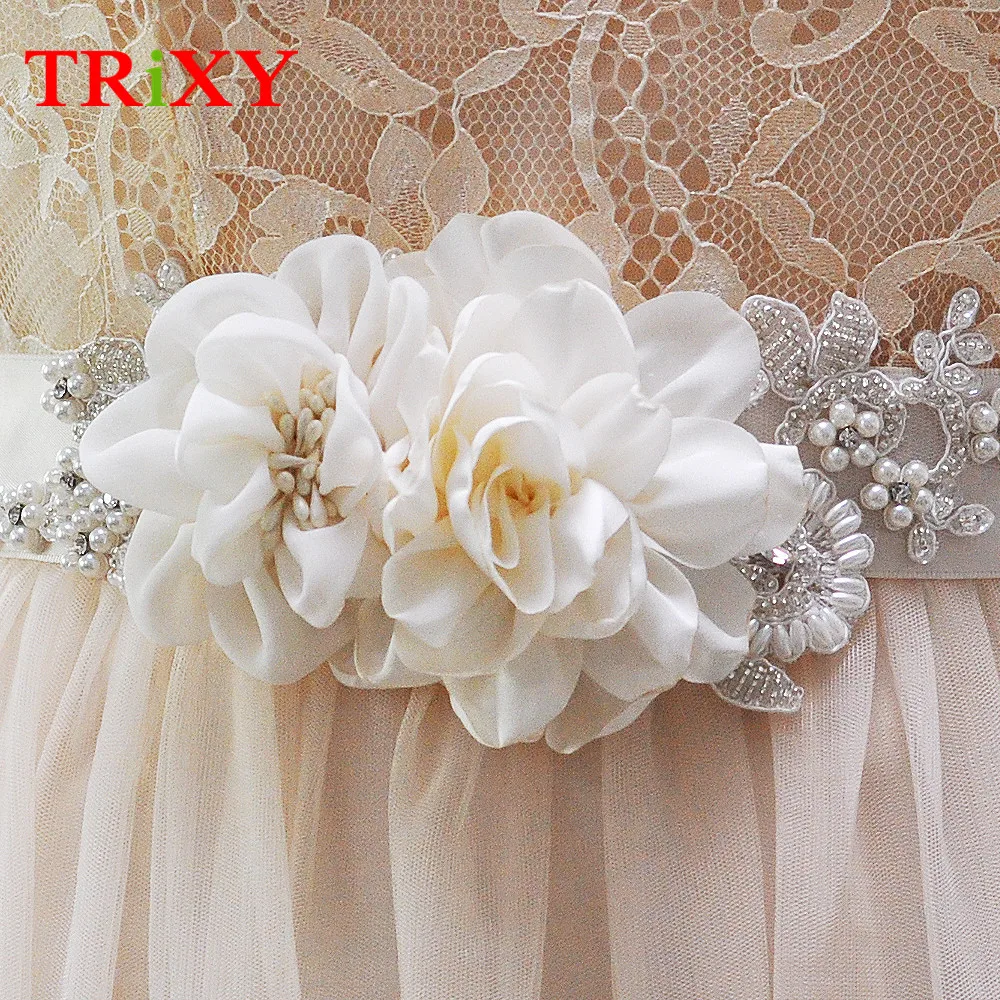 TRiXY S172 Flower Wedding Accessories Crystal Bridal Dress Wedding Belt Waistband Elegant Rose Beaded Blossom Rhinestone Flower