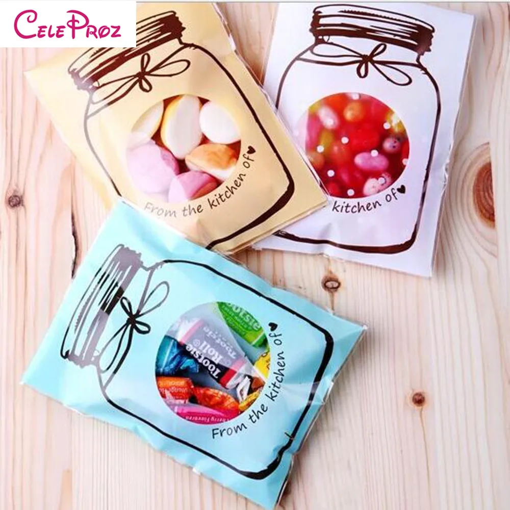 

100pcs Bottle Pattern Candy Bag Cookies Self-adhesive Cookies Bag Wedding Birthday Party Candy Bag 7x10cm