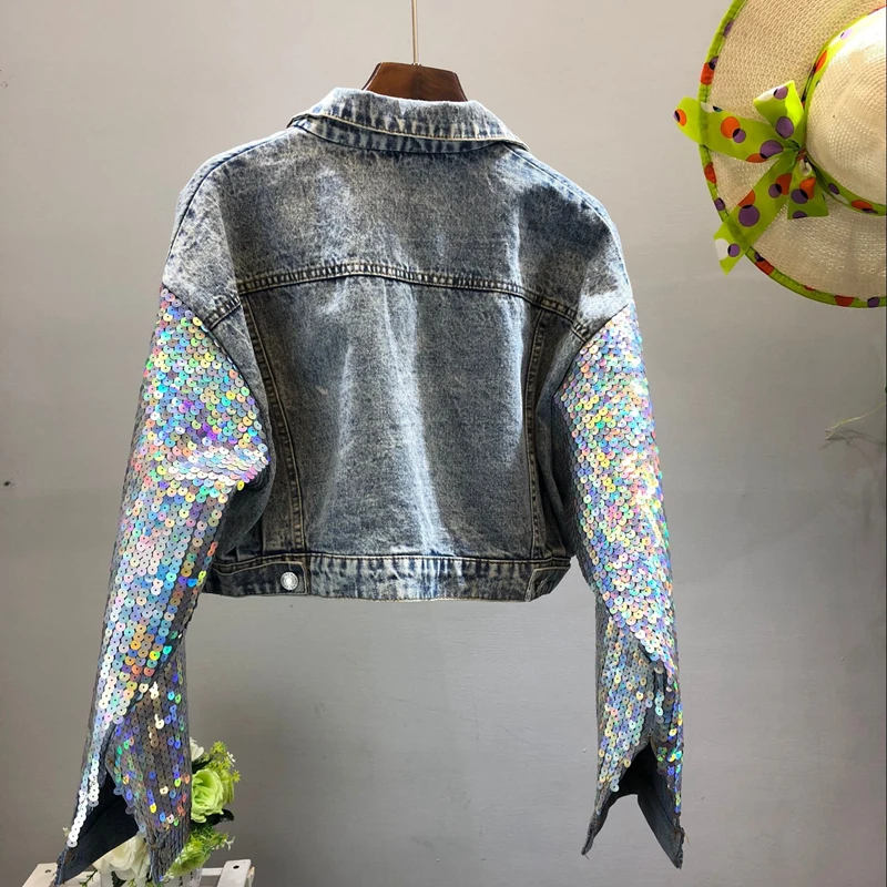 Модный дизайнерский в стиле панк, Женская Весенняя куртка, пальто с блестками и длинным рукавом, женская джинсовая куртка, укороченный топ, Abrigos Mujer, Женская