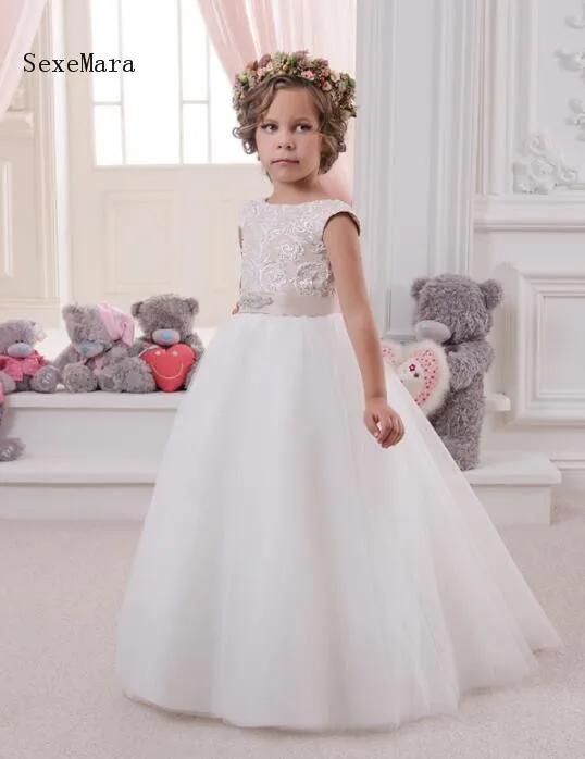 

New Ivory Tulle Girls Dresses for Wedding Lace Beaded Sash Kids Birthday Party Dresses Communion Gown Size2-16Y