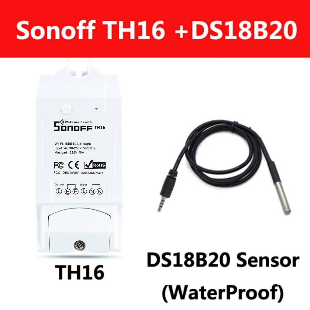 Sonoff TH 10A/16A Smart Wifi Switch Controller With Temperature Sensor And Waterproof Humidity Monitoring Home Automation - Комплект: TH16 and DS18B20