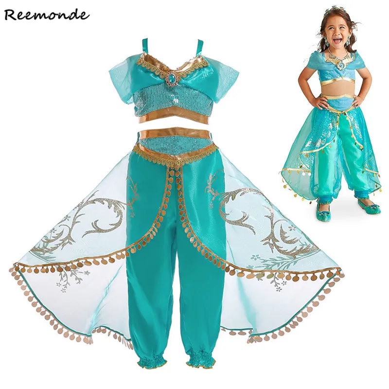 Anime Aladdin and The Magic Lamp Cosplay Costume Princess Jasmine Top Set Suit Belly Dancer Fancy Dress Party For Girls | Тематическая