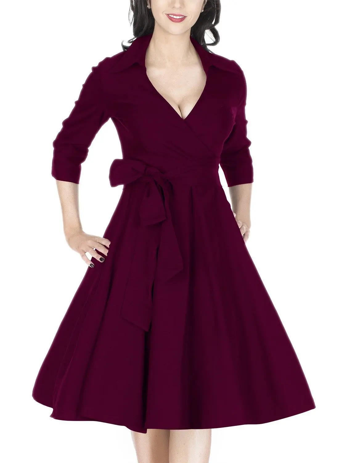 Winter Dresses Women Vintage A line Deep V neck Long Sleeve Dresses OL Office Work Elegant