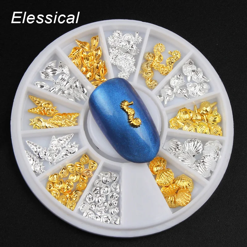 

ELESSICAL Shell Starfish Conch Sea Design 3D DIY Nail Art Decorations Gold Silver Alloy Nail Wheel Charms Manicure Tools WY953