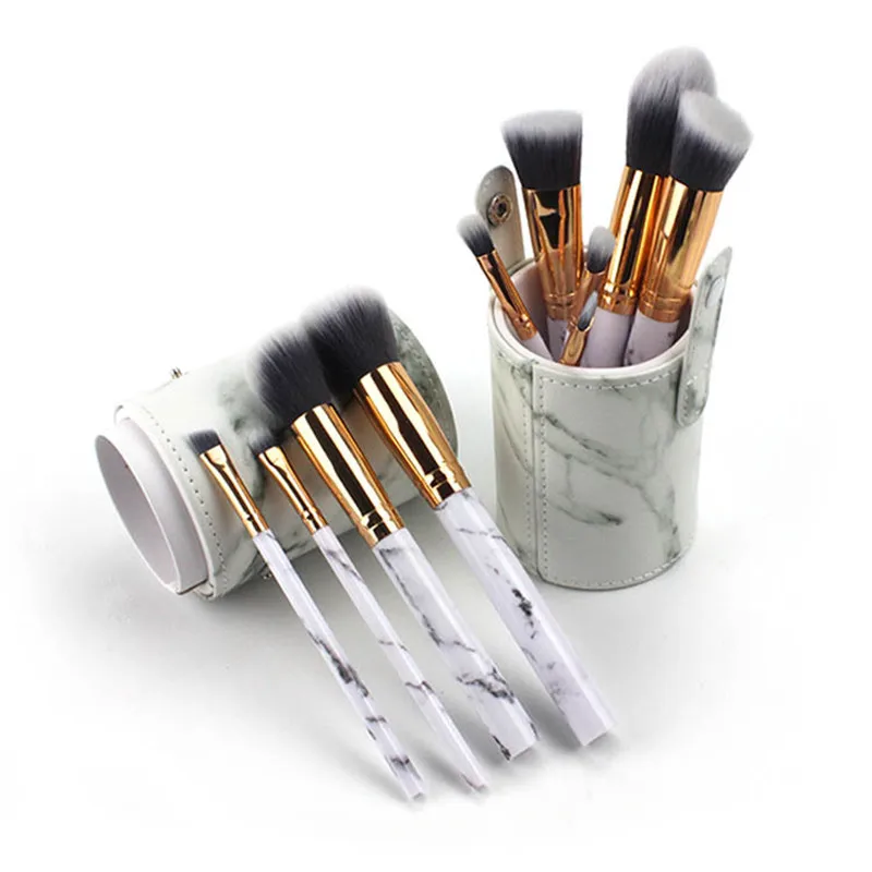 10Pcs Set Pro Marbling Makeup Brushes Kit Marble Pattern Cylinder PU Brush font b Bag b