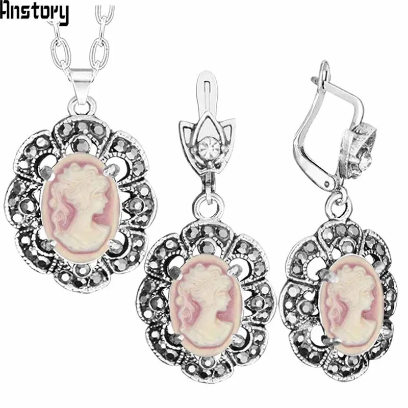 Vintage Lady Queen Cameo Jewelry Sets Plumflower Pendant Rhinestone Fashion Jewelry TS431 - Окраска металла: Pink