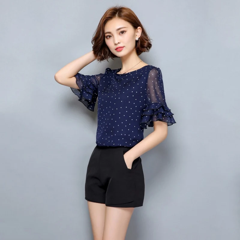 

Plus Size 4XL Summer Chiffon Blouse Polka Dot Print O Neck Shirt Sweet Style Ruffles Short Sleeve Tops Blusas Femininas