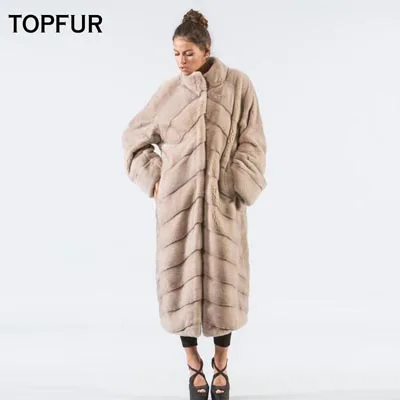 TOPFUR, зимнее пальто, женская куртка из натуральной кожи с меховым воротником, настоящая норковая шуба, Женская Шуба цвета хаки, шуба из натурального меха, женская верхняя одежда - Color: Light Gray