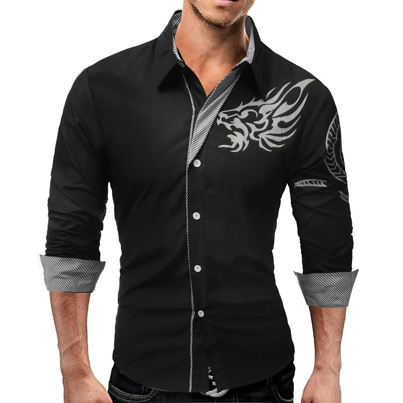 Новинка, мужская рубашка с длинным рукавом, драконы, мужская повседневная тонкая рубашка с отворотом, Мужская качественная рубашка, большой размер 4XL QARE - Цвет: Черный