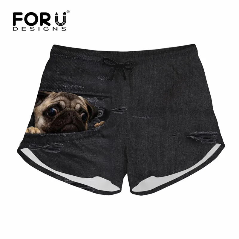 

FORUDESIGNS Black Denim Animal Print Women Shorts Dog Cat Pattern Summer Short Girl Lady Quick Dry Board Short Female