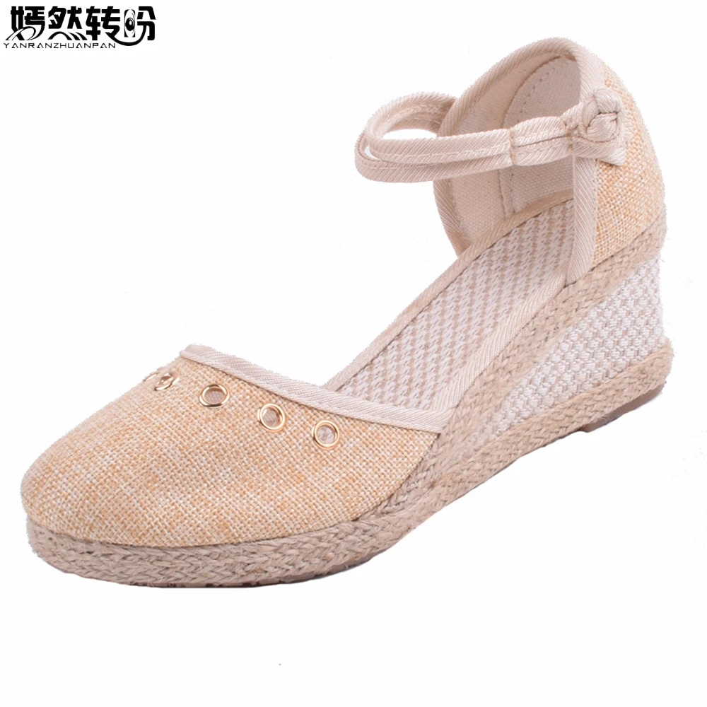 

2018 Summer Vintage Women Sandals Casual Linen Canvas Wedge Sandals Soft Ankle Strap Med Heel Platform Pump Shoes Woman