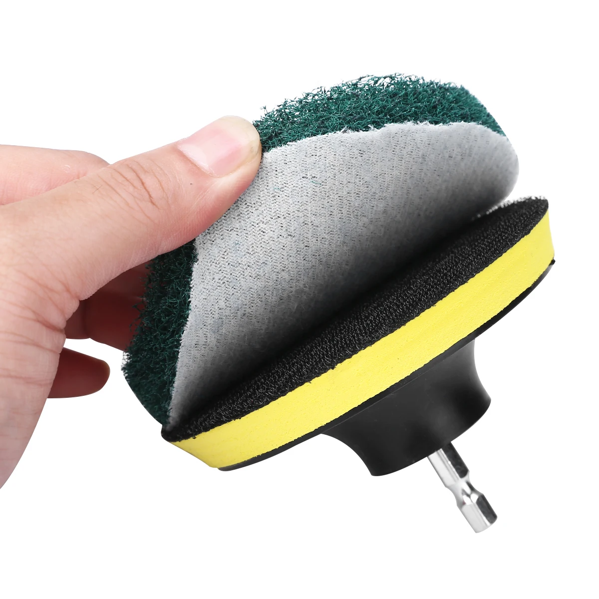 1 set 6pcs Drill Scouring Pads + 6.35mm Hex Rod + 4 inch Sticky Disk Cleaner Sanding Drill Attachment for Tiles Sinks Bathtub