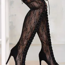Падение Мода Peep Toe Кружева Стороны За Колена на Шнуровке Женские Сексуальные Длинные Сапоги На Высоких Каблуках Женская одежда бедра сапоги
