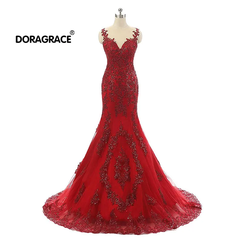 Doragrace vestidos de fiesta настоящая фотография Аппликация Русалка Красный платья для выпускного бала с бусинами длинное вечернее платье плюс