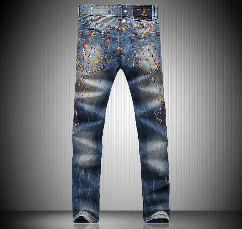Новинка Большой размер спрей живописи мужчины свободного покроя тонкий синий печать джинсы брюки панк-рок певец ds танцы брюки костюм