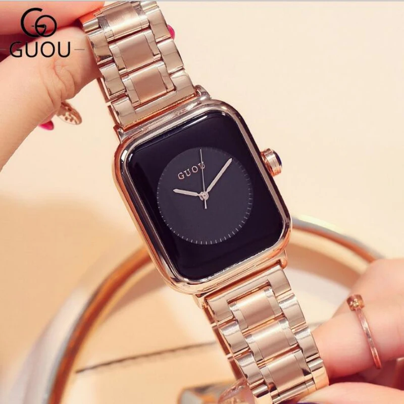 Часы GUOU женские прямоугольные полностью стальные брендовые качественные с
