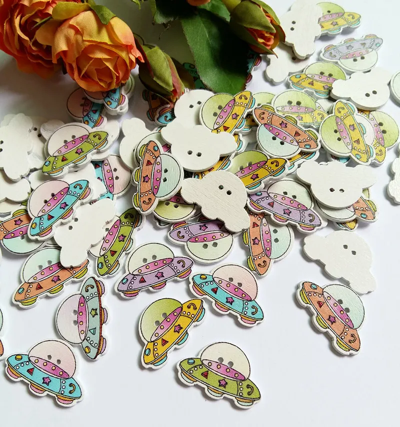 

30/50pcs New Arrivals 28x18mm Random Mixed 2 Holes Cartoon UFO Transportation Wood Sewing Buttons Scrapbooking