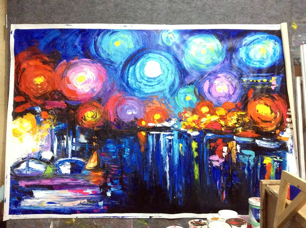 

Bigger Size in Stock Handmade Starry Sky Landscape Oil Painting on Canvas for Living Room Decoration Knife Painting Wall Art