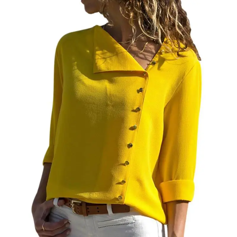 

ZH Summer 2019 Fashion Button Long Sleeve Yellow White Shirt Womens Tops And Blouses Female Tunic Office Chemise