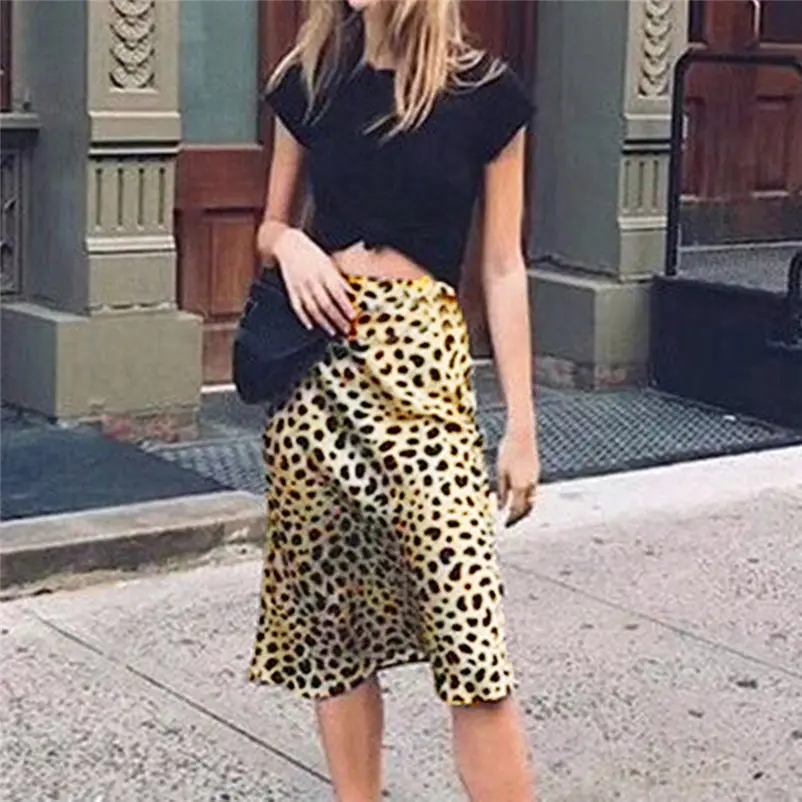 Горячая Распродажа, леопардовая юбка средней длины с высокой талией, невидимая эластичная атласная эластичная сатиновая юбка, стильная женская юбка с животным принтом H4