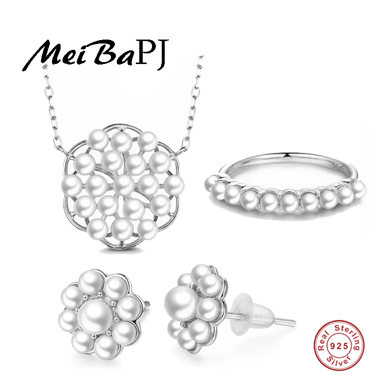 

[MeiBaPJ]New Luxury Freshwater Pearl Jewelry Set 925 Solid Silver Flower Necklace Set Fashion Wedding Charm Jewelry